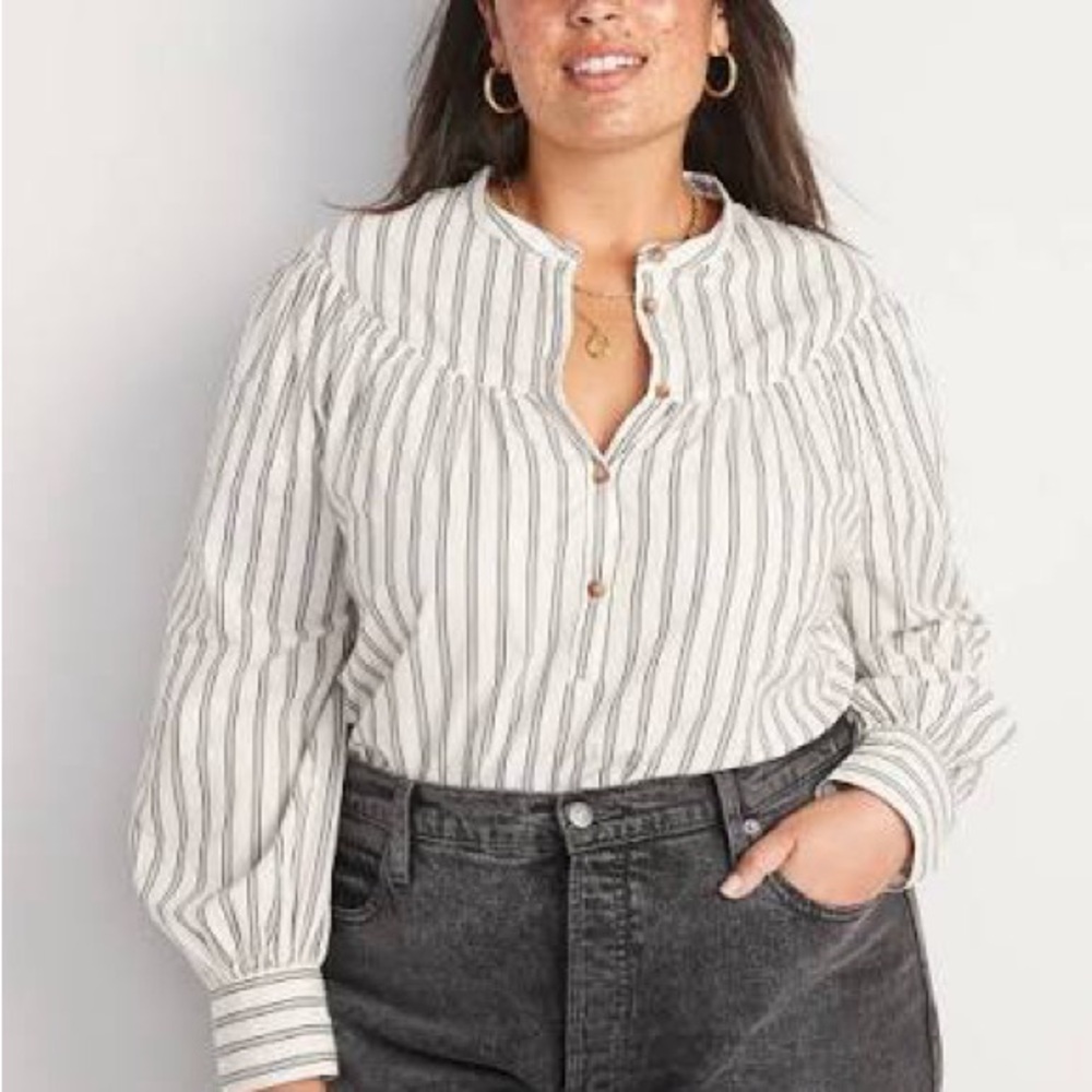 Old Navy White Button-Front Blouse with Black Stripes